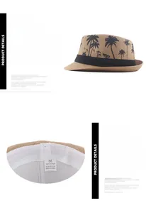 Detail of printed palm tree pattern and adjustable band on a natural straw fedora hat