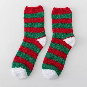 Thick warm coral fleece socks with Christmas red and green stripes for winter comfort
