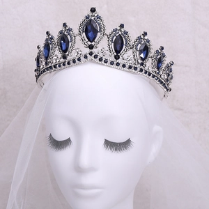 Elegant silver bridal crown with large navy blue crystal drops and sparkling rhinestones