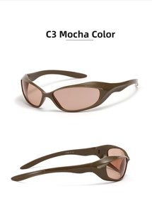 Detailed close-up showing the Y2093 model code and CE mark on Mocha cycling sunglasses