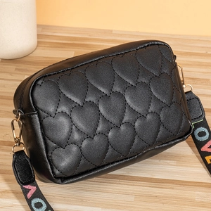 Black heart-quilted square crossbody bag with LOVE printed wide webbing strap