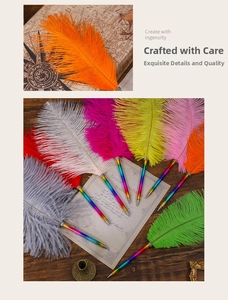 Detailed close-up of colorful feather pens with rainbow gradient metallic barrels