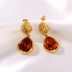 Vintage Drop Earrings Stainless Steel 18K Gold Plated Irregular Wrinkled Texture Resin Pendant Retro Style For Women