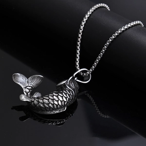 Polished stainless steel koi fish pendant necklace with box chain for men and women