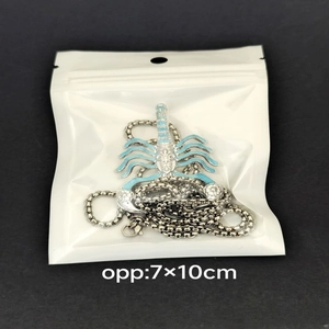 Macro shot of silver scorpion pendant with blue enamel in clear packaging, 7x10cm size