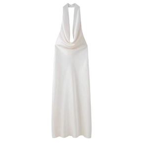 Elegant white satin halter midi dress featuring a backless design and silky smooth texture