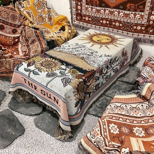 Bohemian tarot sun woven cotton throw blanket with sunflower patterns and fringe