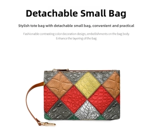 Détail d'une pochette patchwork à motif crocodile avec une dragonne amovible
