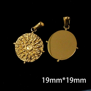 Detailed view showing 19mm gold sunburst pendant dimensions with front and back texture