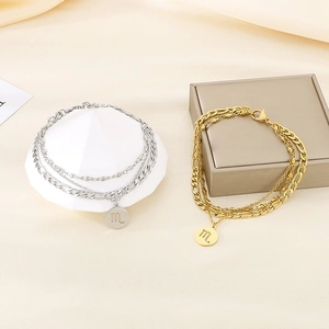 Bracelet De Cheville Multi Couches Acier Inoxydable Pendentif Signe Du Zodiaque Rond Chaîne Figaro Bijoux De Plage Pour Femmes