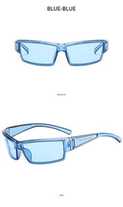 Detail view of blue Y2K cycling sunglasses showing frame specs and side profile