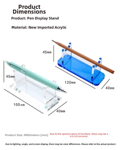 Detailed size chart for clear acrylic fountain pen display stands with dimensions in mm