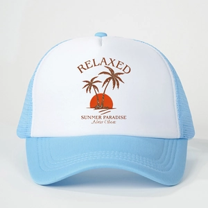 Blue and white trucker hat with sunset palm tree print and Relaxed lettering