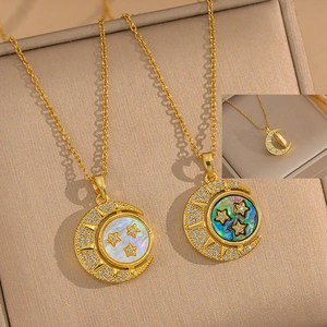 Stainless Steel Necklace Gold Plated Rotating Star Moon Pendant Mother Of Artificial Pearl Abalone Shell Zircon Vintage Fashion Women
