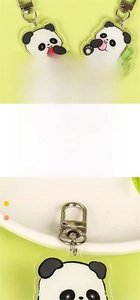 Detail of acrylic panda keychain with diamond-cut edges and protective film cover