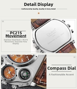 Detail view of PC21S movement, stainless steel back case, and leather strap of the watch