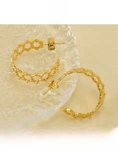 Dettaglio di orecchini esagonali cavi placcati oro 18K in materiale acciaio titanio lucido