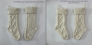 Detail view of 18 inch cream knit Christmas stockings in single and double-sided patterns