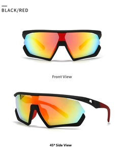 Detailed front and side views of oversized retro sports sunglasses with red-yellow lenses