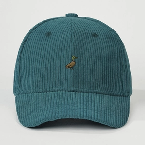 Deep green corduroy baseball cap with mallard duck embroidery and adjustable strap