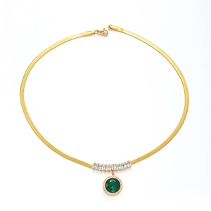 Golden titanium steel snake chain necklace with green round pendant and zircon accents