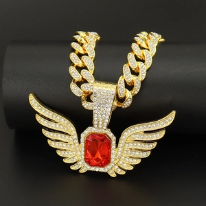 Hip Hop Angel Wings Pendant Necklace Alloy Rhinestone Iced Out Red Rectangle Faux Gemstone Oversized Trendy Jewelry