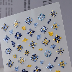 5D Baroque relief nail stickers with blue and gold vintage floral tile patterns