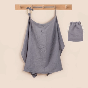 Grey cotton muslin nursing cover set with a wooden ring and matching drawstring bag
