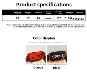Guide des tailles du sac nylon de 28cm de large avec bandoulière de 120cm et logo Sport
