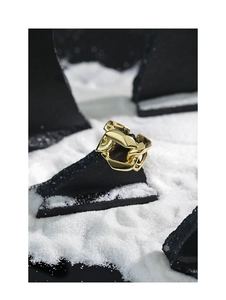 Macro shot of gold wide chain hollow ring displayed on a black stone and crystal base