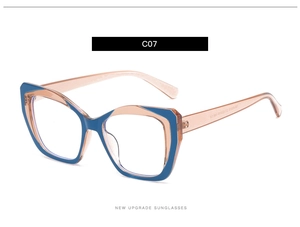 Detail of blue and pink TR90 cat-eye frames with high-quality metal hinges and clear lenses