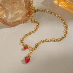 Sweet 18K gold-plated stainless steel necklace with red strawberry pendants for summer