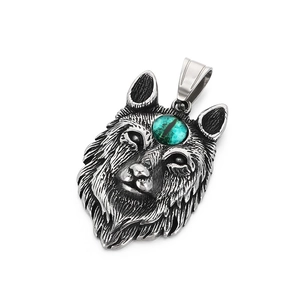 Retro Nordic Fenrir wolf pendant with green opal stone and antique silver finish