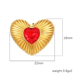 Golden heart earrings with red gemstones, dimensions 18mm by 22mm, weight 3.9g each