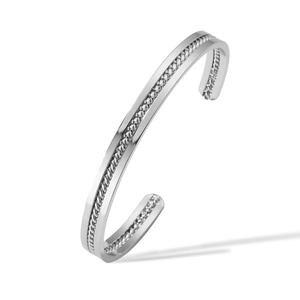 Detailed close-up of a silver twisted rope pattern on a stainless steel open cuff bracelet