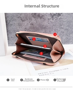Pink multi-functional phone wallet detail showing card slots and internal compartments