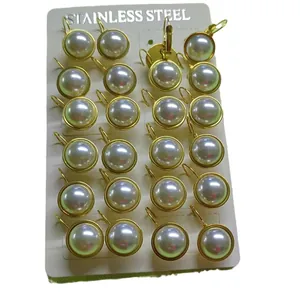 Elegant gold stainless steel leverback earrings with half-round white pearls