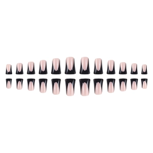 French tip press-on nails with black borders and nude pink glossy finish, 24-piece set
