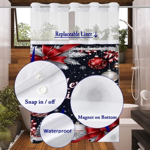 Detail of waterproof Christmas shower curtain with detachable liner and magnetic bottom hem