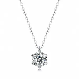 Elegant S925 sterling silver moissanite pendant necklace with six-prong setting on O-chain