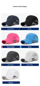 Macro shot showing seven color variants of breathable mesh running hats with quick-dry fabric