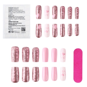 Kit de uñas postizas rosas con corazones, incluye 24 piezas, lima y pestañas adhesivas