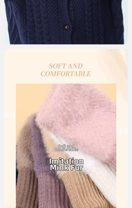 Detail of plush faux mink texture and cable knit fabric on warm winter gloves