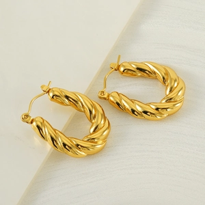 Chic twisted gold U-shaped hoop earrings made of high-gloss stainless steel for women