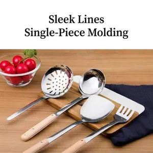 4-piece stainless steel kitchen utensil set with wooden handles and polished finish