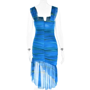 Detail view of the blue-green gradient mesh dress with back zipper and ruched texture