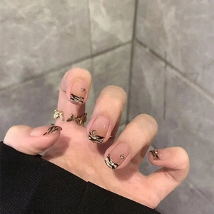 French Zebra Print Press On Nails Nude Pink Square False Nails With Rhinestones And Glitter Sweet Cool Style For Women