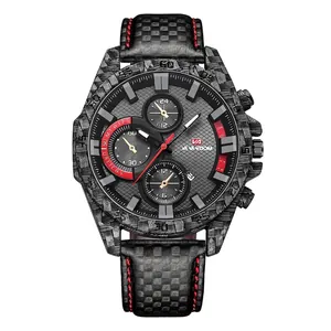 Montre de sport VA VA VOOM en fibre de carbone avec bracelet cuir noir et coutures rouges
