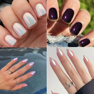 Faux Ongles Nacre Sirène Aurore Chrome Plastique ABS Long Moyen Amande Carré Mode Femmes