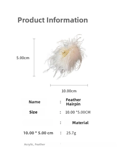 Detailed size chart for white ostrich feather hair claw with acrylic base and weight details
